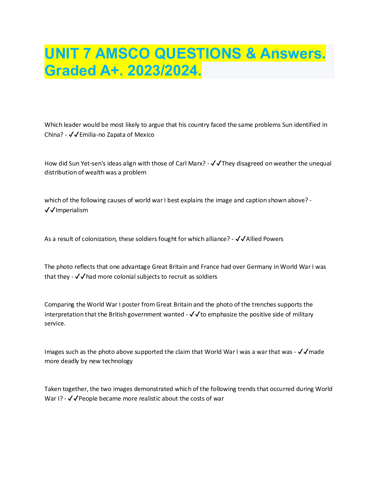Preview image for UNIT 7 AMSCO QUESTIONS & Answers.  Graded A+. 2023/2024.